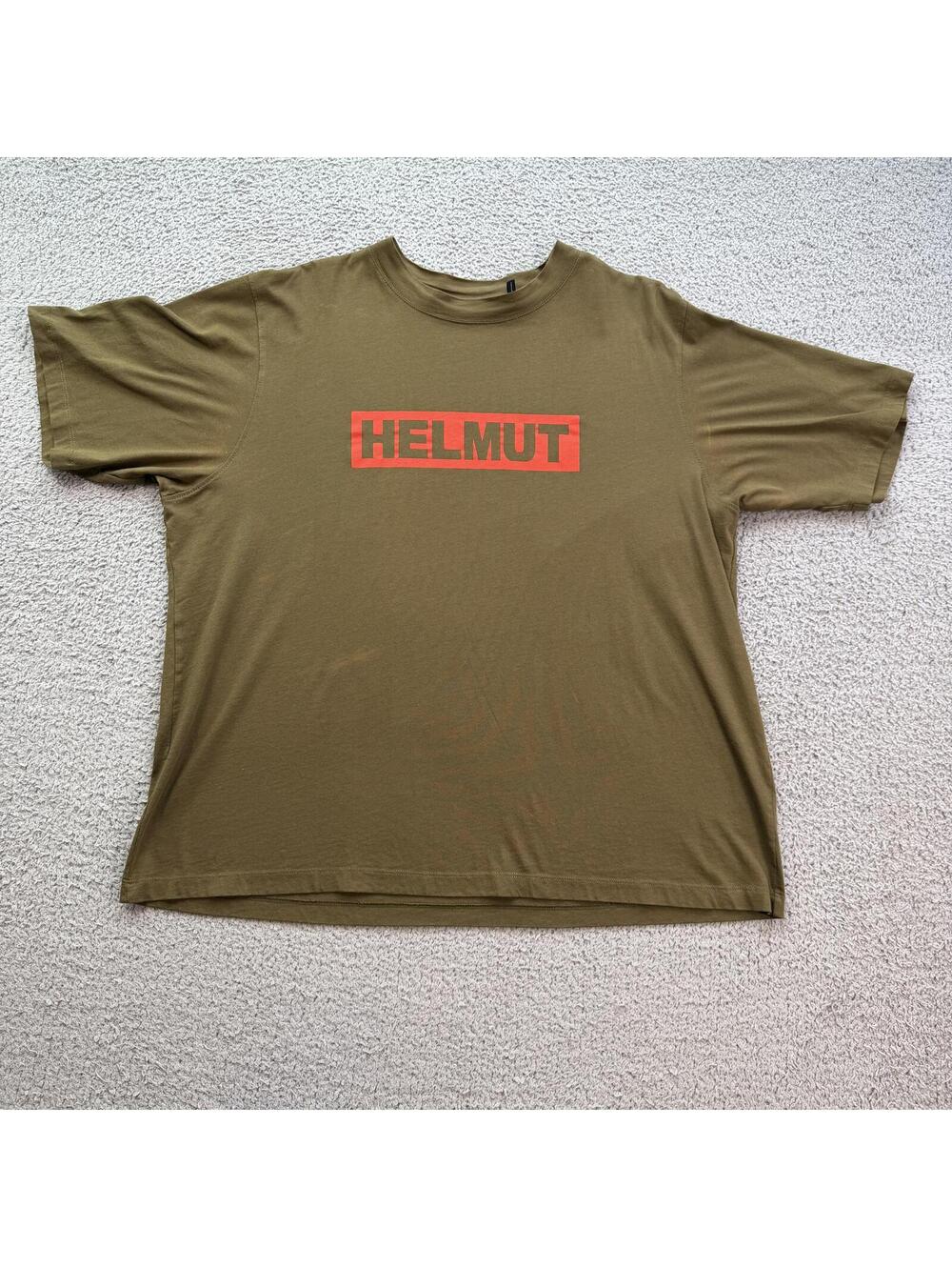 Helmut Lang Logo Box Graphic T-Shirt Olive Brown Red XL Made in Portugal